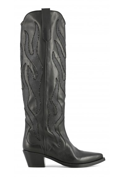 High texan boot with flames embroidery