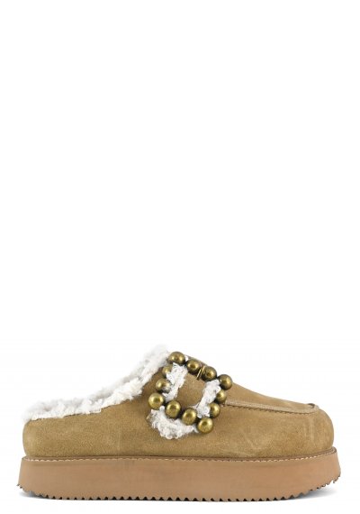 Cow suede platform sabot maxi buckle