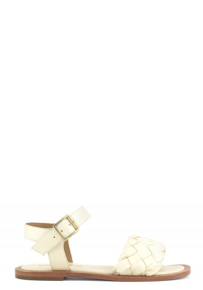 Woven leather flat sandal with ankle strap