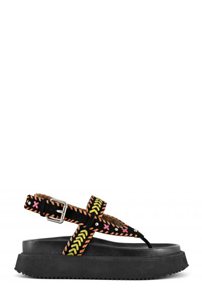 Leather thong platform ethnic stitchings with back strap