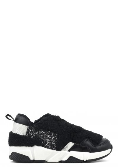 Multimaterial sneaker with glitter and faux fur