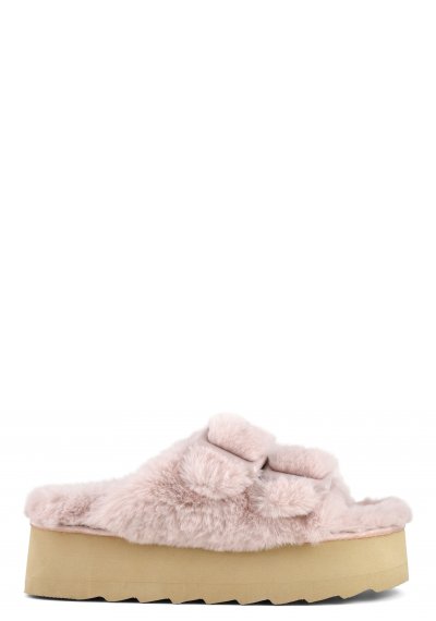 Open toe furry wedge with colored buckles