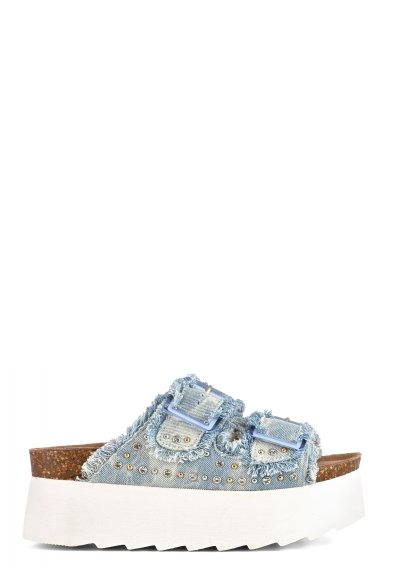 Denim platform sandal with rhinestones