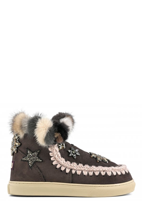 Eskimo sneaker star patches &amp; mink fur trim MOCHA