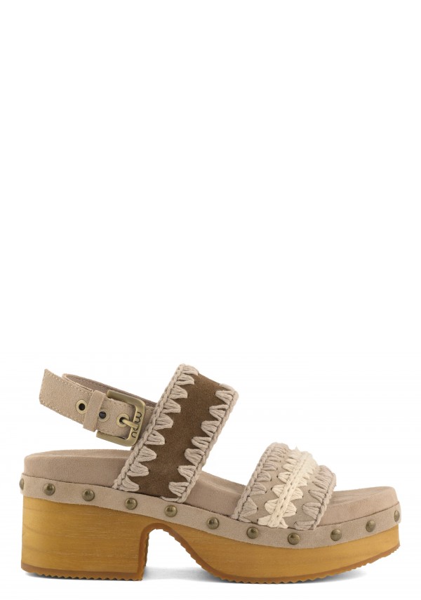 Two Straps High Heel Wood Clog NUTBR